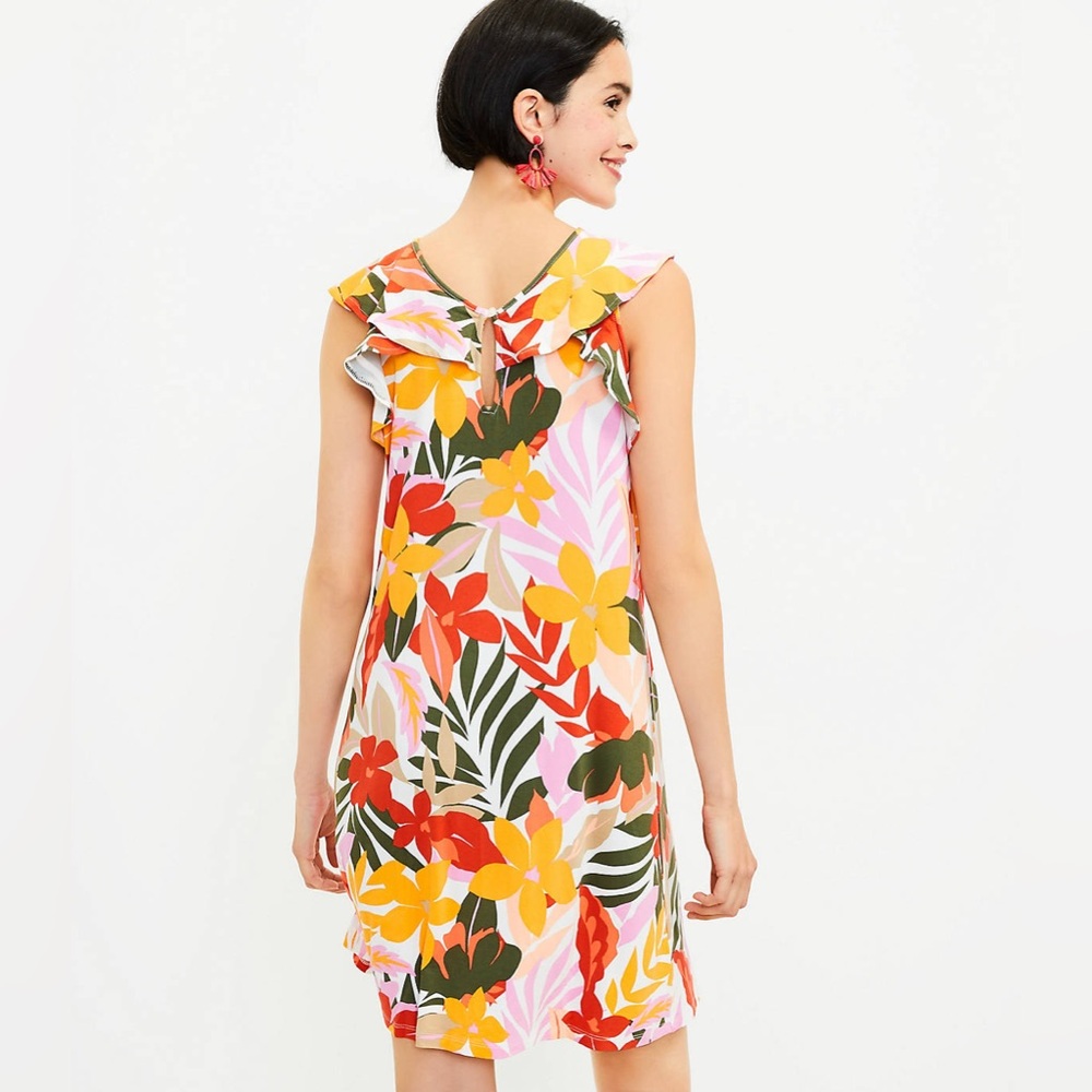 LOFT Tropical Ruffle V-Back Swing Dress Petite Size L - Picture 2 of 5